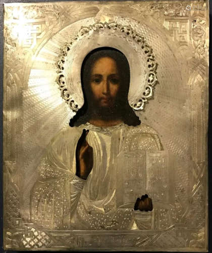 19C 84 Silver Russian icon of Christ Nikolay Zvere