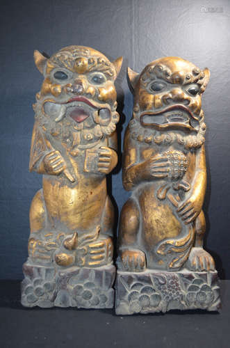 Pair Of 19th C. Chinese Carved Gilt  Wood Foodog