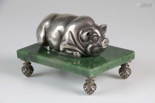 Russian Silver Pig on Jade Base
