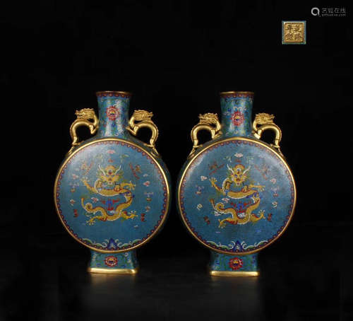 Pair Of Qianlong Bronze Enamel Moon Flask Vase