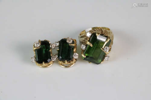 18K gold diamond tourmaline ring earrings
