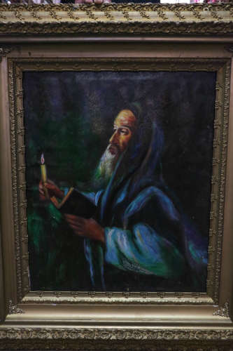 20th C. Oil on Canvas of Rabbi w/ Candle