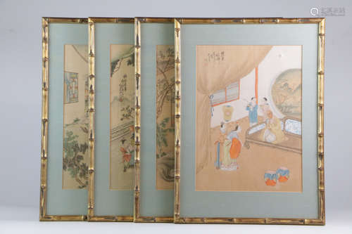 4 pieces chinese ink/color paintings frame