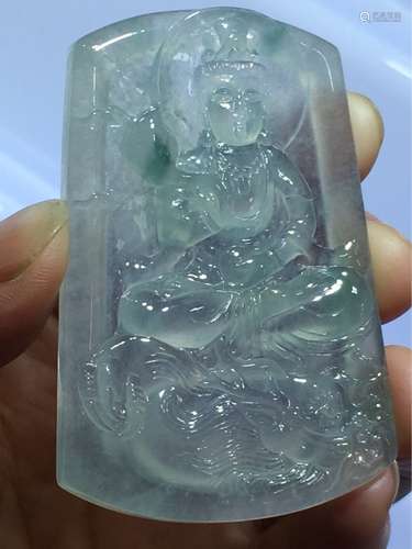 A NATURAL ICY PIAOHUA  JADEITE GUANYIN DESIGN PENDANT