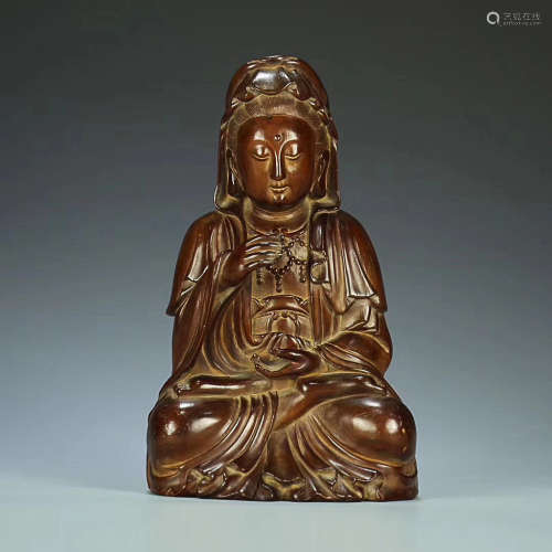 A YEW WOOD CARVING GUANYIN STATUE, QING DYNASTY
