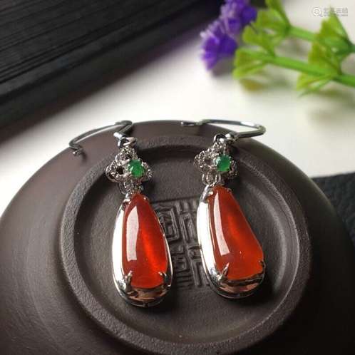 A PAIR OF NATURAL RED JADEITE DROP-SHAPED EARRINGS