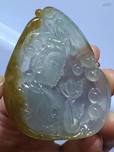 A NATURAL YELLOW JADEITE GUANYIN DESIGN PENDANT