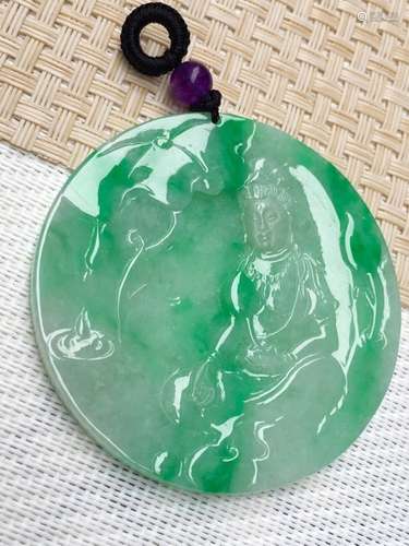 A NATURAL  PIAOLV ICY JADEITE GUANYIN DESIGN PENDANT