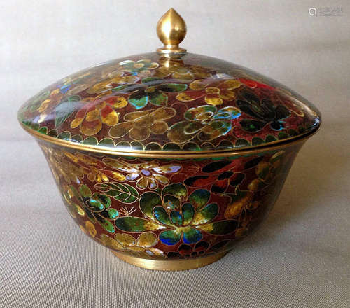 A COPPER ENAMEL BOWL WITH COVERED