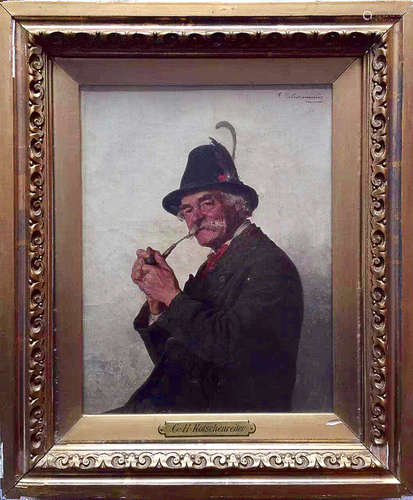 AN OIL PAINTING,AN OLD MAN WITH A FEATHER HAT AND A CIGARETTE.