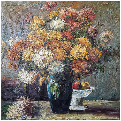 AN OIL PAINTING ,AMERICAN CONTEMPORARY,《STILL LIFE FLOWERS》.