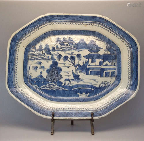 A BLUE AND WHITE LANDSCAPE OF OCTAGONAL ,QING DYNASTY