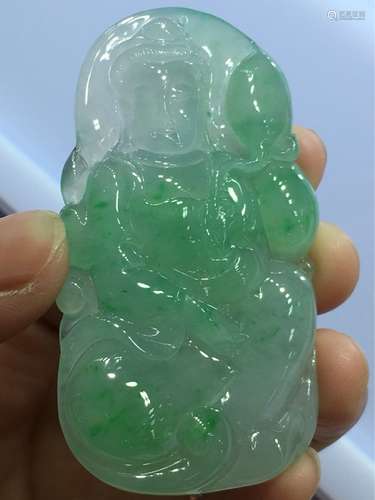 A NATURAL ICY PIAOLV JADEITE GUANYIN DESIGN PENDANT