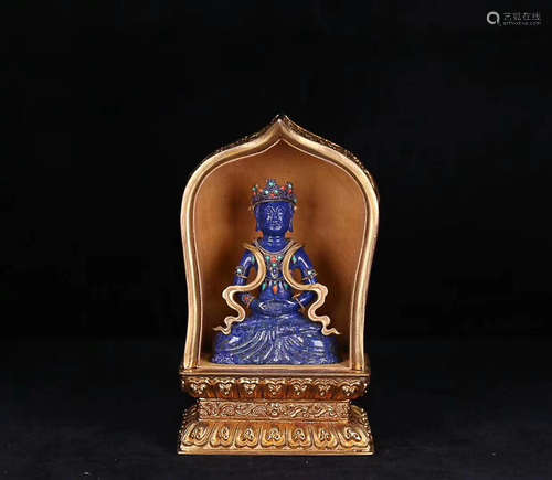 A QING DYNASTY GILT BRONZE SHIRNE WITH LAPIS LAZULI BUDDHAS STATUES