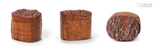 清中期 浮雕人物诗文黄杨木盖盒