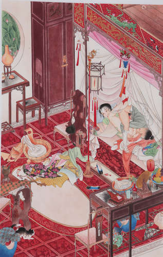 Chinese water color erotic painting on paper scroll.