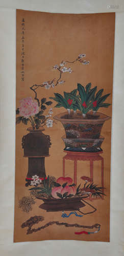 Chinese water color painting on silk scroll, attributed