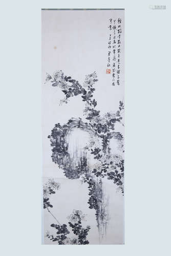 Chinese ink painting on paper scroll, attributed to