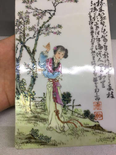 Chinese famille rose porcelain panel, marked Wang Qi.