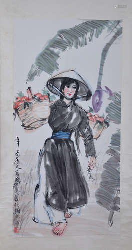 Chinese ink painting on paper scroll, attributed to