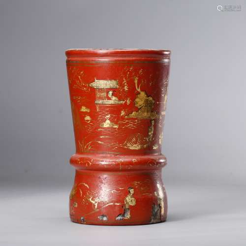 CHINESE GILT LACQUER WOOD BRUSH POT
