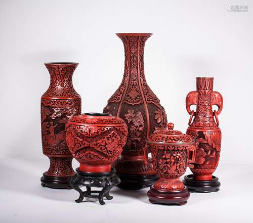 GROUP OF 5 CHINESE CINNABAR LACQUER VASES