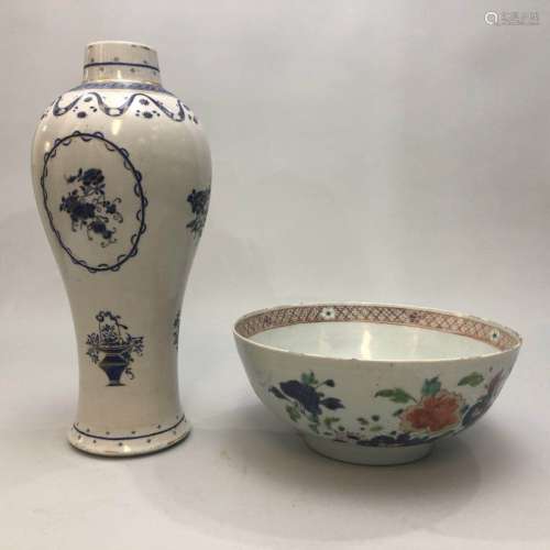 Blue and White Vase, Famille Rose Bowl