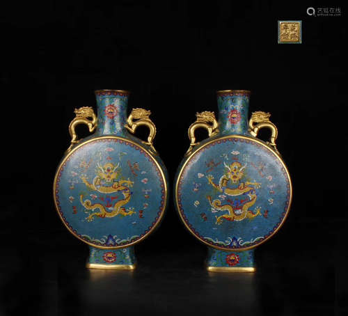 PAIR OF CLOISONNE BRONZE MOON-FLASK VASES