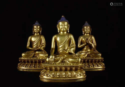 THREE BRONZE GLITED BUDDHA FIGURES