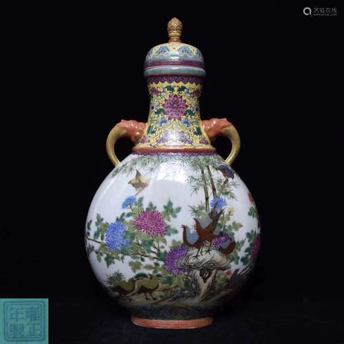 A YONGZHENG NIANZHI MARK FLOWER AND BIRD FLAT VASE