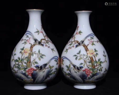 PAIR OF FALANGCAI BIRD AND FLOWER YUHUCHUN VASES