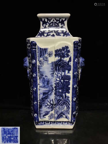 A BLUE&WHITE LANDSCAPE SUBJECT SQUARE VASE