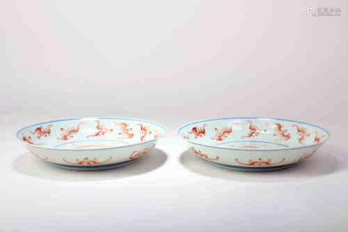 A Pair of Blue and White Iron-Red Porcelain Plates