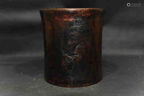 A Chinese Carved Huanghuali Brush Pot