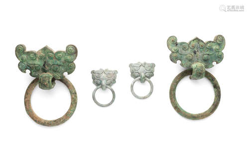 Han Dynasty Two pairs of bronze 'Taotie mask' door ring handles, Pushou