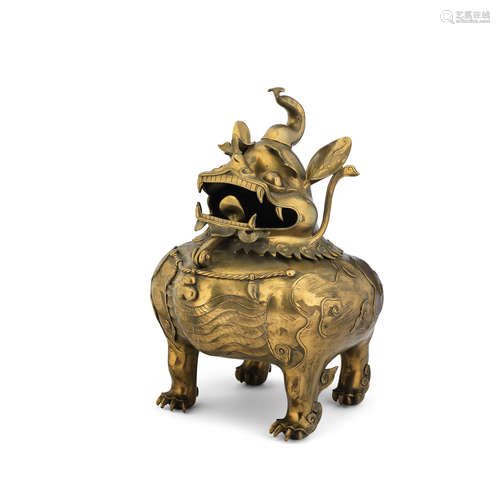 Qing Dynasty A large gilt-brass 'qilin' incense burner and cover