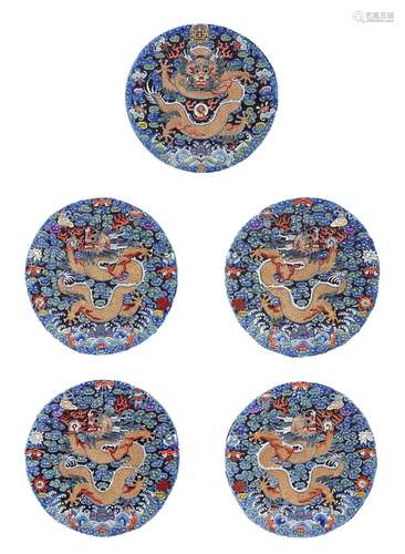 19th century Five Imperial silk 'dragon' roundels, 19th century