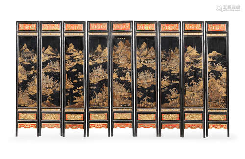 238.6cm (94in) high x 432cm (170in) wide. 9 A nine-leaf lacquer 'West Lake' screen  Daoguang, dated by inscription to 1848 and of the period