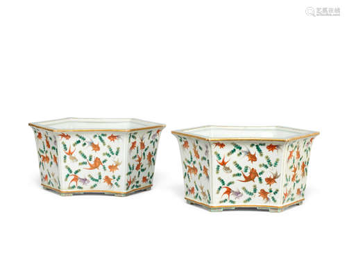 Each 42cm (16 1/2in) wide.  4 A pair of polychrome hexagonal 'goldfish' jardinières 19th century