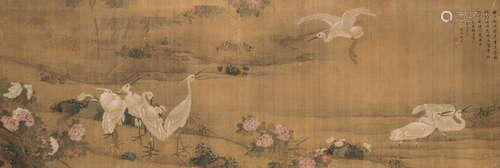 Signed Li Tang, cyclically dated to the Yihai year corresponding to 1899 and of the period A large painting of herons and flowers