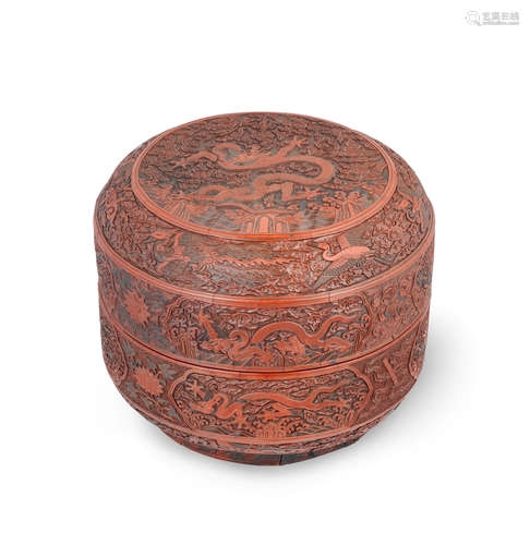 Jiajing six-character mark and of the period A very rare and large Imperial carved polychrome lacquer 'nine dragon' box and cover