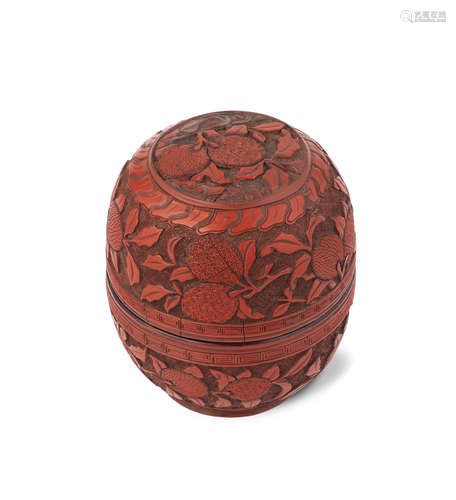 16th century A carved cinnabar lacquer oviform 'lychee' box and cover