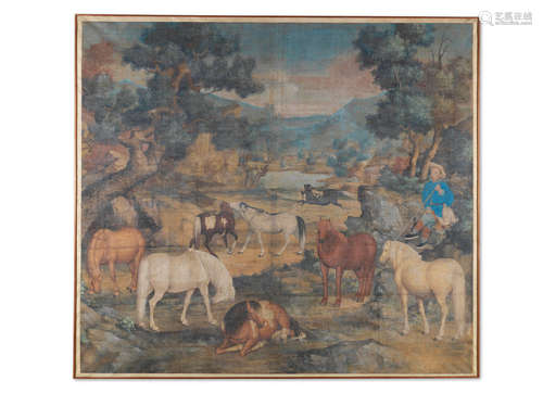 After Giuseppe Castiglione (Lang Shining), Late Qing Dynasty/Republic Period A monumental and rare painting of horses at pasture