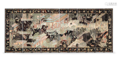 Kangxi A magnificent and rare twelve-leaf double-sided 'coromandel' lacquer screen