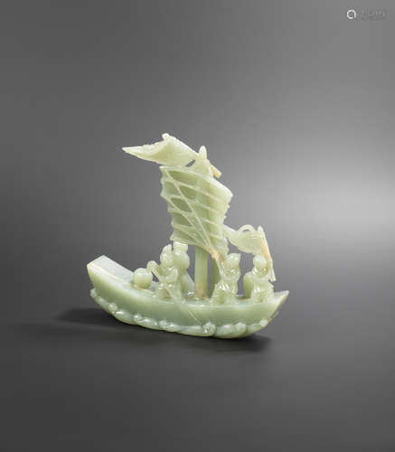 19th century A pale green jade carving of a sail boat with figures