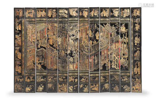 221cm (87in) high x 338cm (133in) wide. 12 A twelve-leaf lacquer 'palace' screen  Qianlong, cyclically dated to the Gengyin year, corresponding to 1770 and of the period