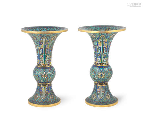 Jiaqing  A pair of cloisonné enamel flaring vases, gu