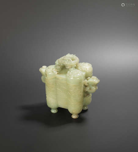 18th century A rare and fine pale green jade archaistic vessel and cover, tulu