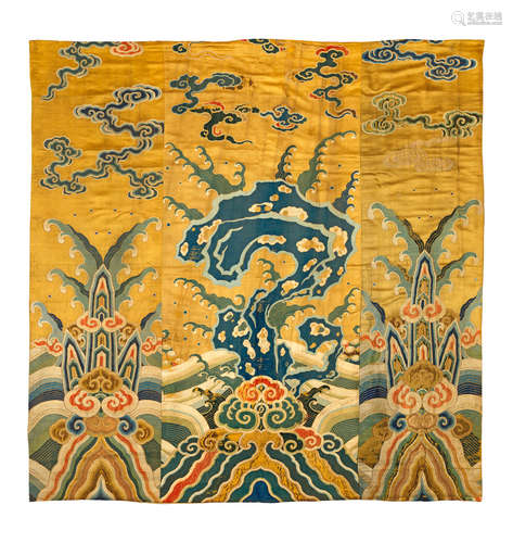 18th century  A large Imperial yellow-ground silk 'mountains and waves' panel