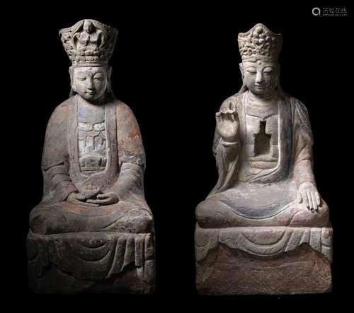 Liao/Song Dynasty Two stone figures of Guanyin